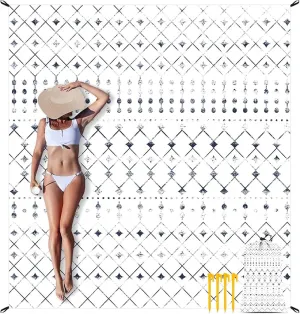 Beach Blanket Waterproof Sandproof, White Black Vintage Geometry Beach Mat Oversized for 1-4 Person, Compact Sand Free Quick Dry Polyester Beach Blankets for Picnic, Travel, Hiking