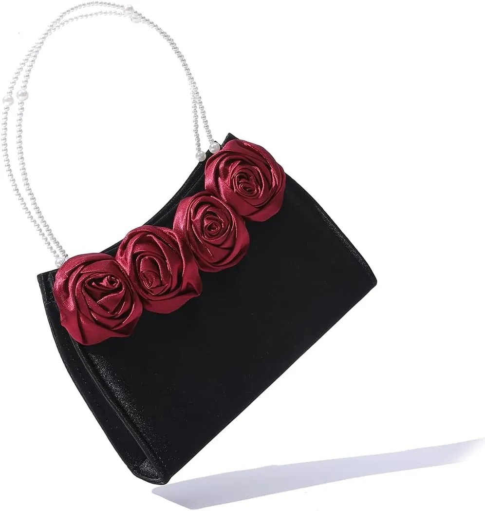 Beautiful 3D Flowers Evening Bags For Women, Elegant Ladies Party Purse, Solid Silk Women Bags With Pearl Handle
