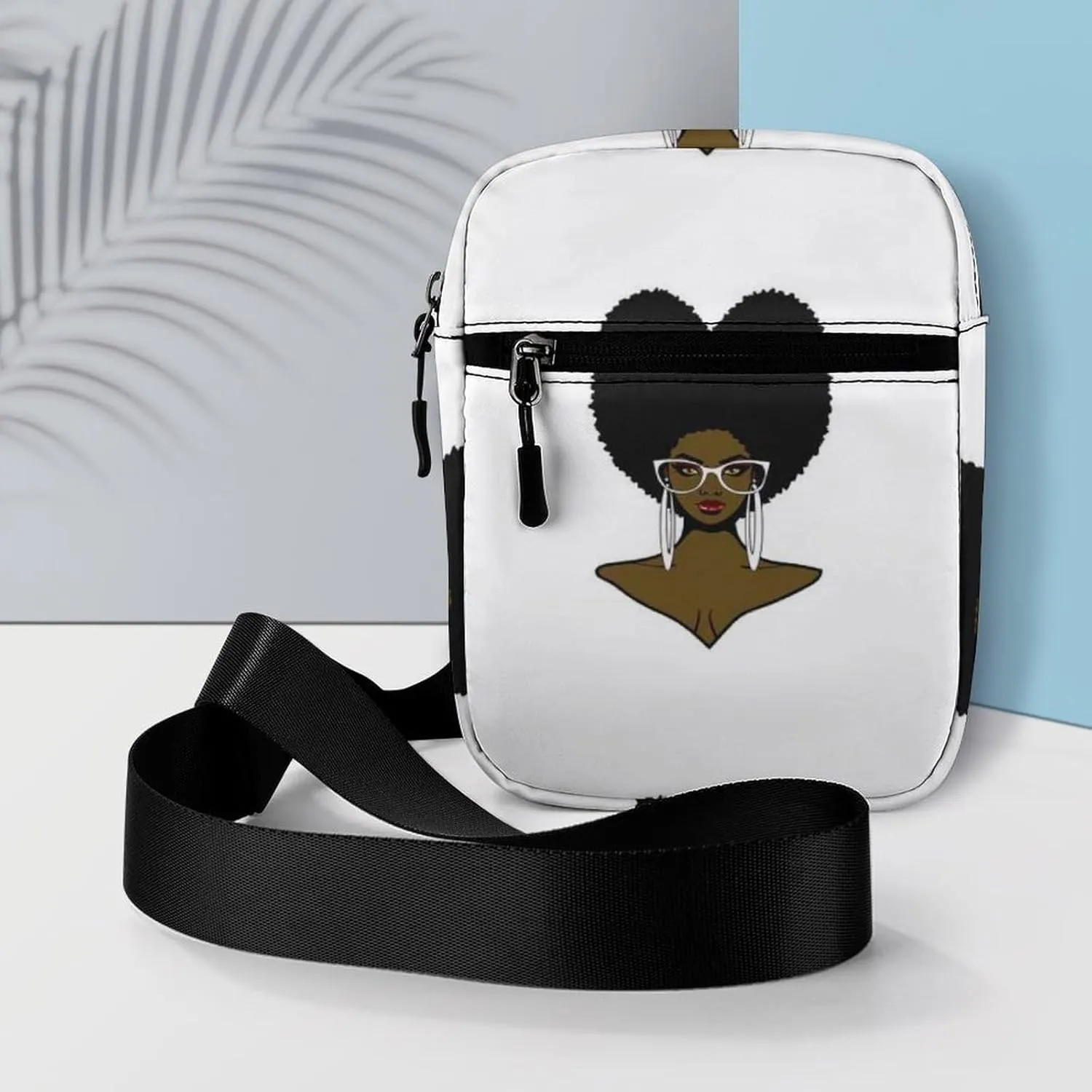 Beautiful African Black woman Afro Hairstyle Sunglasses and Earrings Adjustable Fanny Waist Pack Pouch, Waterproof Crossbody Runners Bag Wallet for Gym Hiking Fitness Women Men 6.1 x 2.2 x 7.9 inch