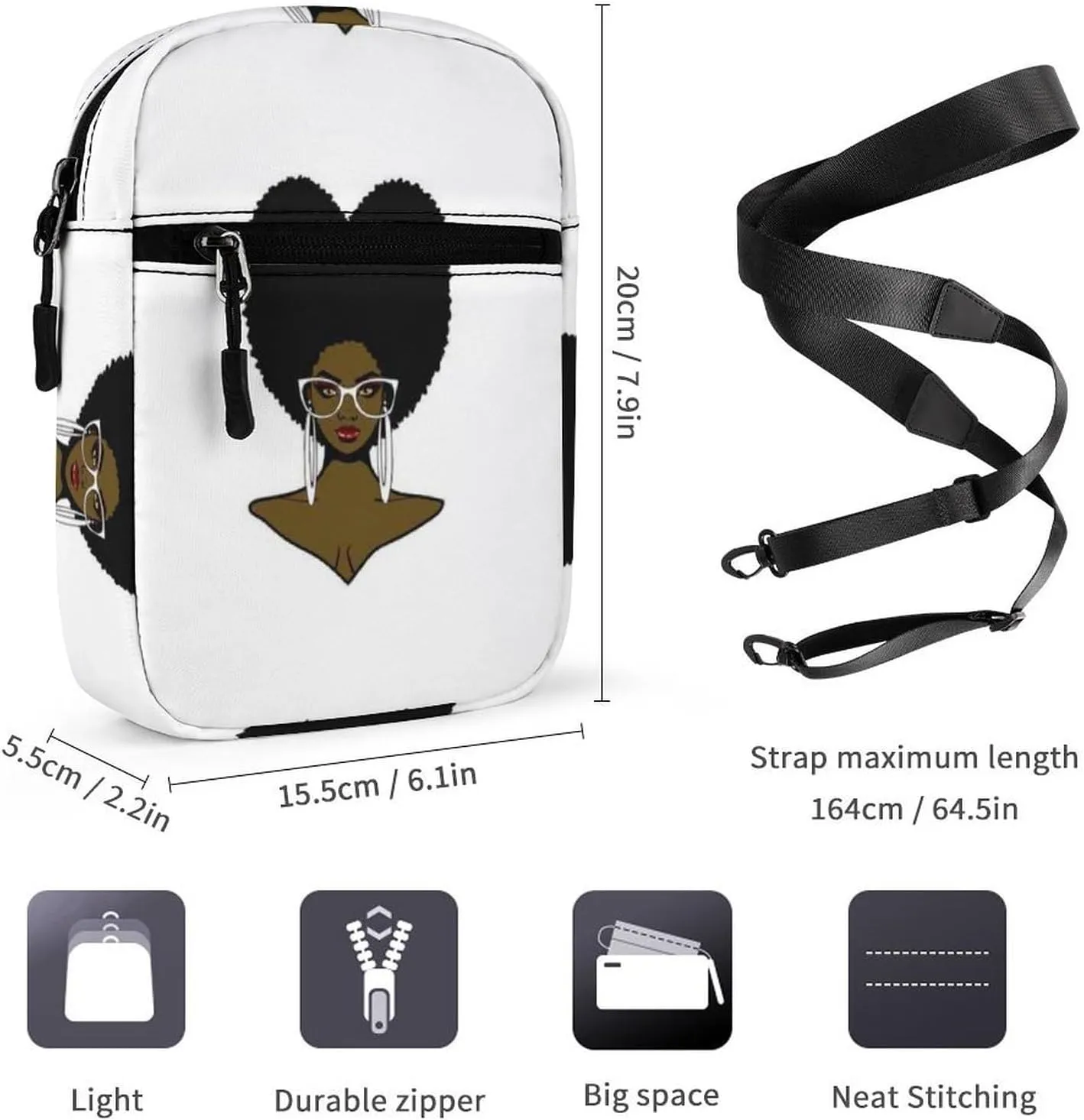 Beautiful African Black woman Afro Hairstyle Sunglasses and Earrings Adjustable Fanny Waist Pack Pouch, Waterproof Crossbody Runners Bag Wallet for Gym Hiking Fitness Women Men 6.1 x 2.2 x 7.9 inch