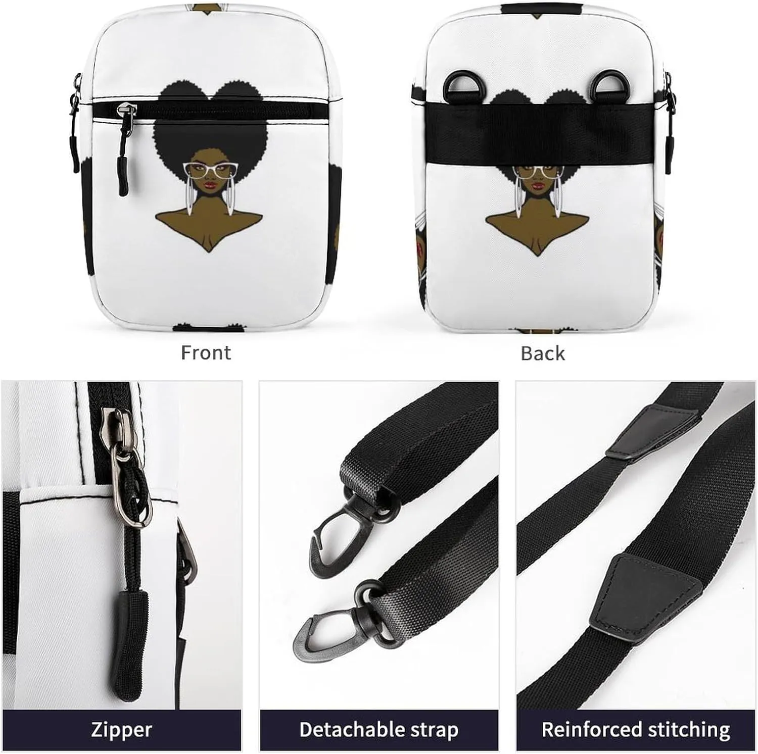 Beautiful African Black woman Afro Hairstyle Sunglasses and Earrings Adjustable Fanny Waist Pack Pouch, Waterproof Crossbody Runners Bag Wallet for Gym Hiking Fitness Women Men 6.1 x 2.2 x 7.9 inch