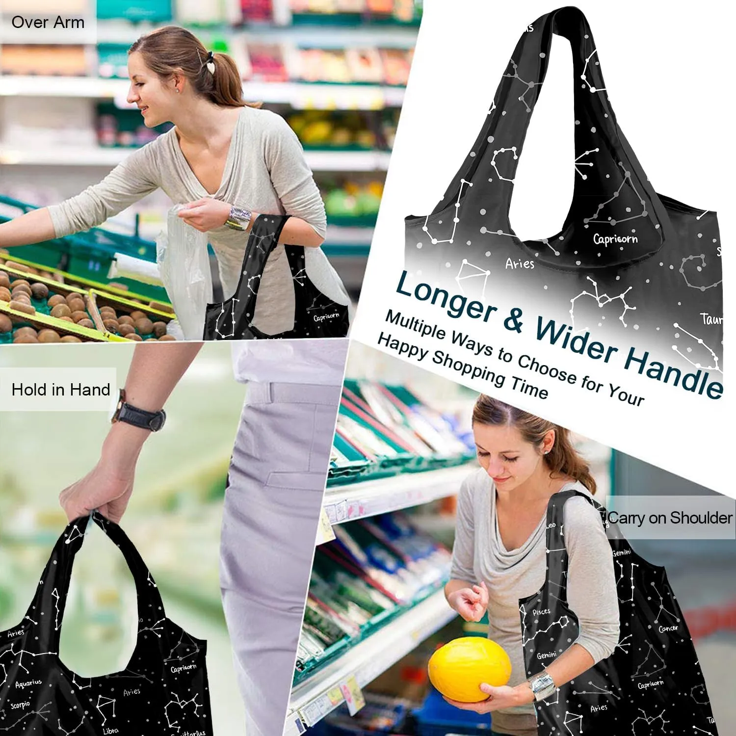 BeeGreen Constellation Reusable Grocery Bags Artistic Pots Gifts Shopping Bags Bulk for Men Women 50LBS X-Large Polka Dots Cow Print Triangle Foldable-Machine Washable-Heavy Duty