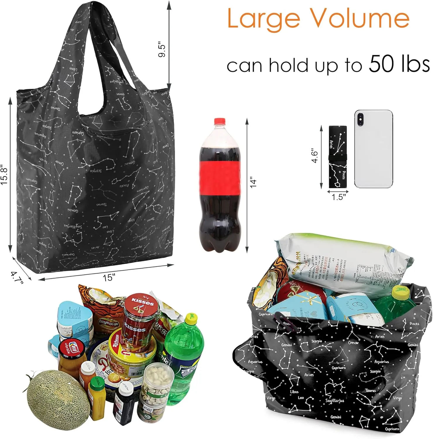 BeeGreen Constellation Reusable Grocery Bags Artistic Pots Gifts Shopping Bags Bulk for Men Women 50LBS X-Large Polka Dots Cow Print Triangle Foldable-Machine Washable-Heavy Duty