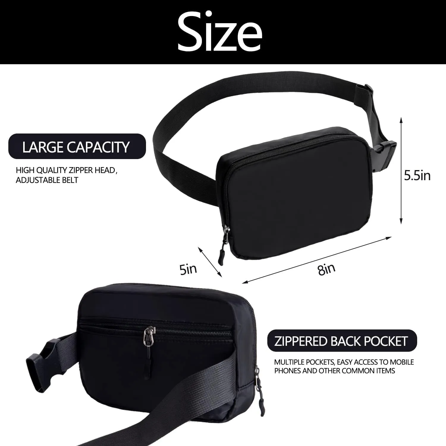 Belt bag Fanny pack crossbody bags for women Everywhere belt bag (BLACK-Q)