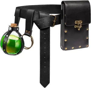 Belt Pouch Waist Bag Fanny Pack Steampunk Phone Holder Casual Medieval Renaissance Cosplay Costume Accessories (3Bottle-Black)