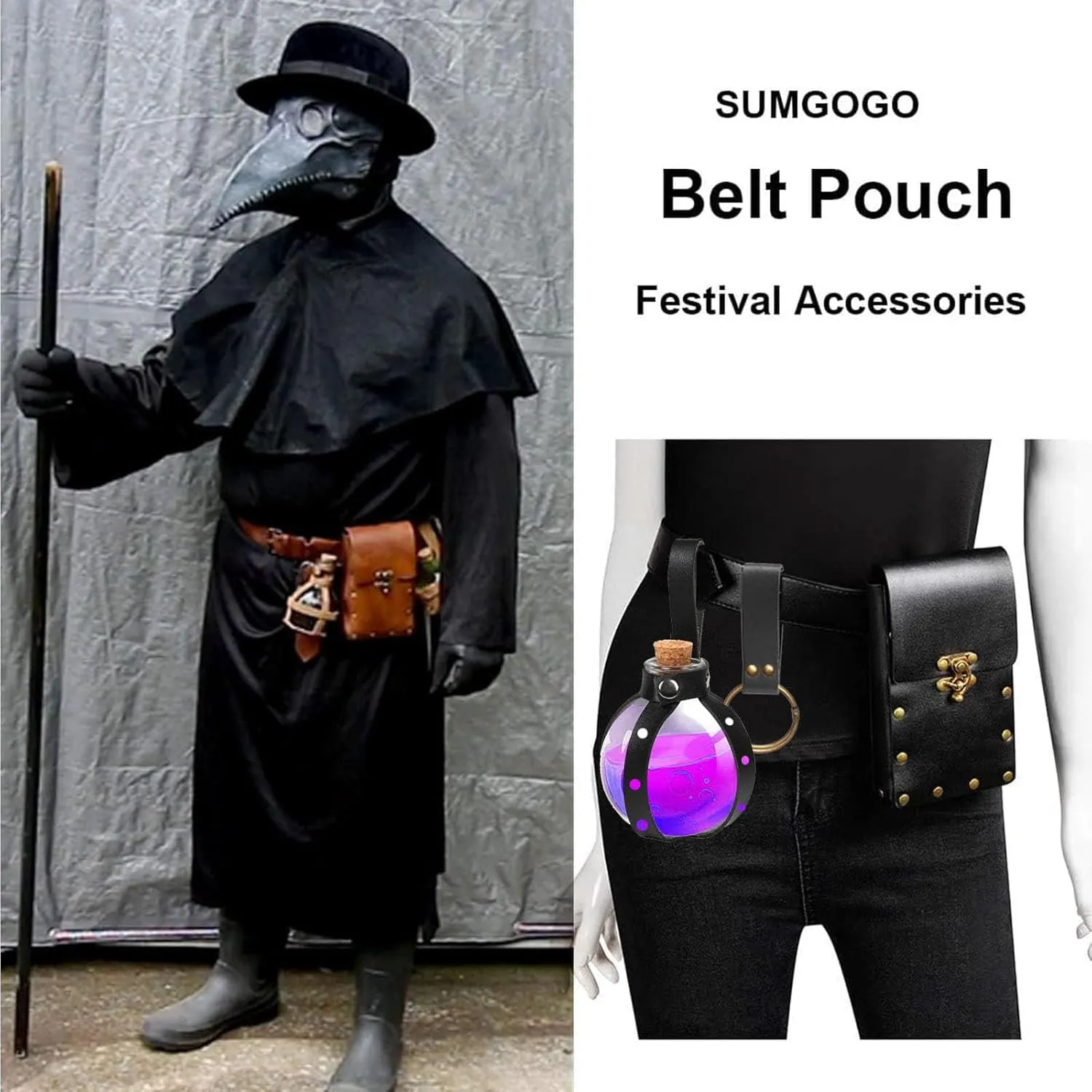 Belt Pouch Waist Bag Fanny Pack Steampunk Phone Holder Casual Medieval Renaissance Cosplay Costume Accessories (3Bottle-Black)