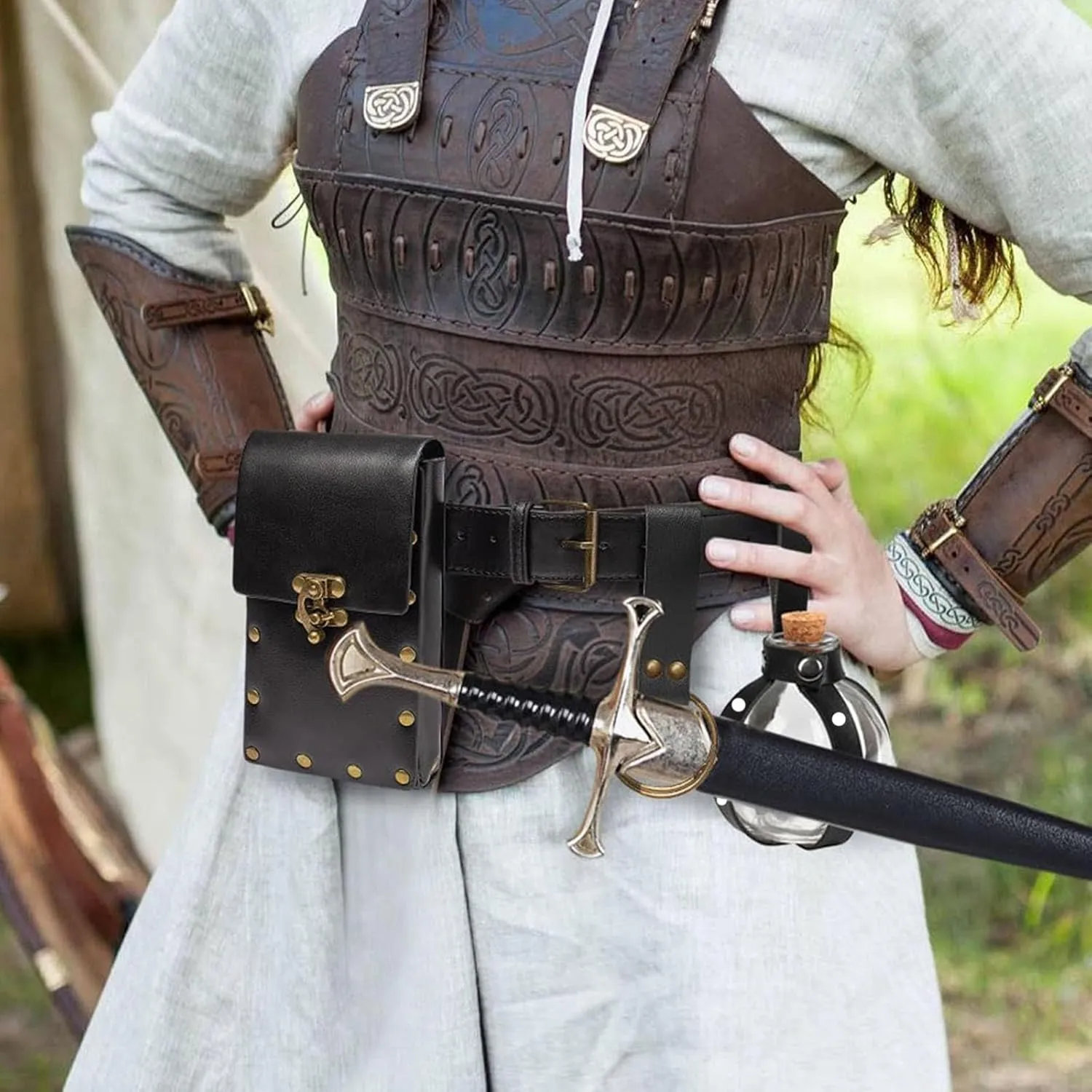 Belt Pouch Waist Bag Fanny Pack Steampunk Phone Holder Casual Medieval Renaissance Cosplay Costume Accessories (3Bottle-Black)