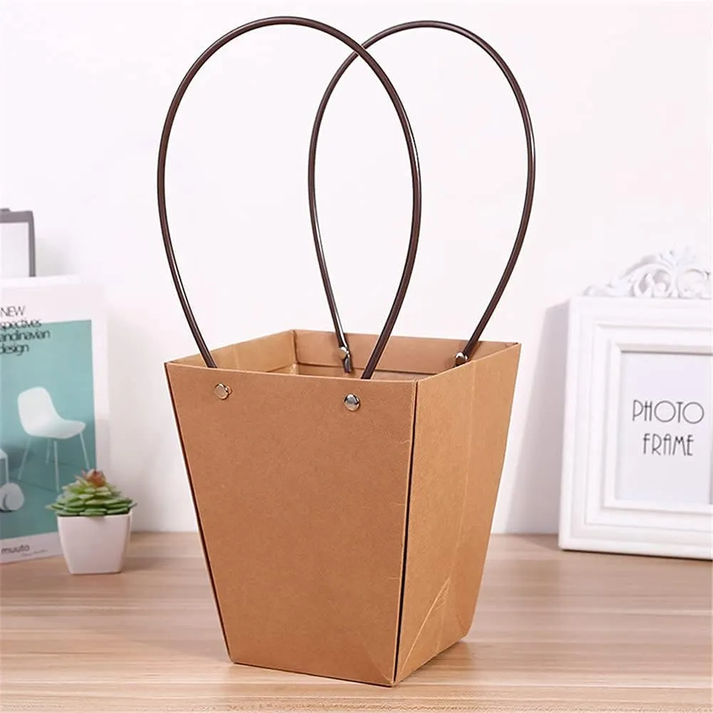 Bemeet Trapezoid Kraft Flower Bouquet Wrapping Bag (4 Pack, 6.7x4.7x7.9”) Florist Packaging Bag with Handle for Floral Courses and Visiting friends, Thickened Waterproof Gift Box for Party