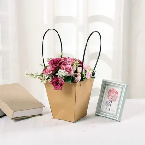 Bemeet Trapezoid Kraft Flower Bouquet Wrapping Bag (4 Pack, 6.7x4.7x7.9”) Florist Packaging Bag with Handle for Floral Courses and Visiting friends, Thickened Waterproof Gift Box for Party
