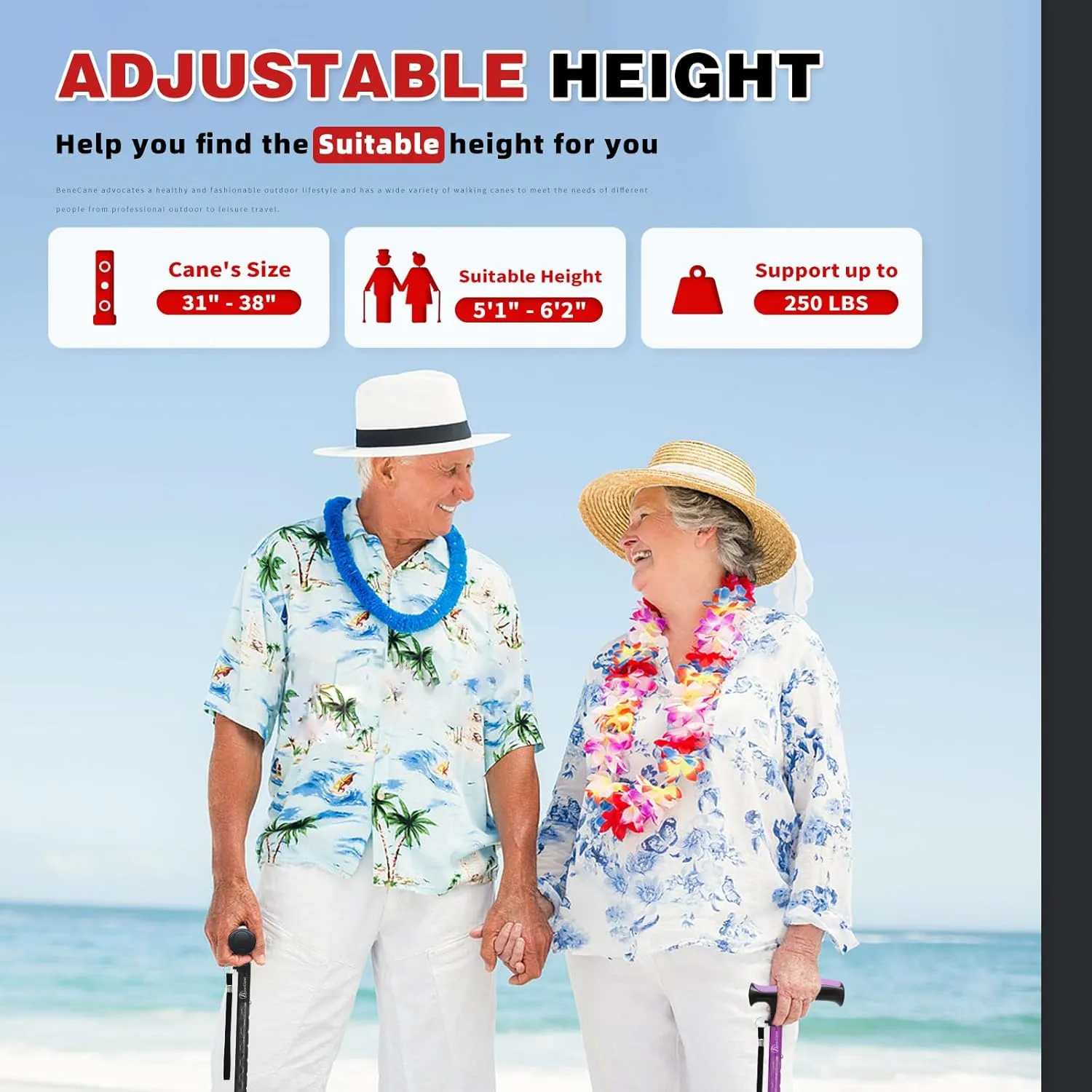 BeneCane Walking Cane for Men & Women Walking Stick for Seniors Folding Canes Quad Cane Adjustable Lightweight Sturdy Collapsible Heavy Duty with Soft TPR T-Handle and Travel Bag