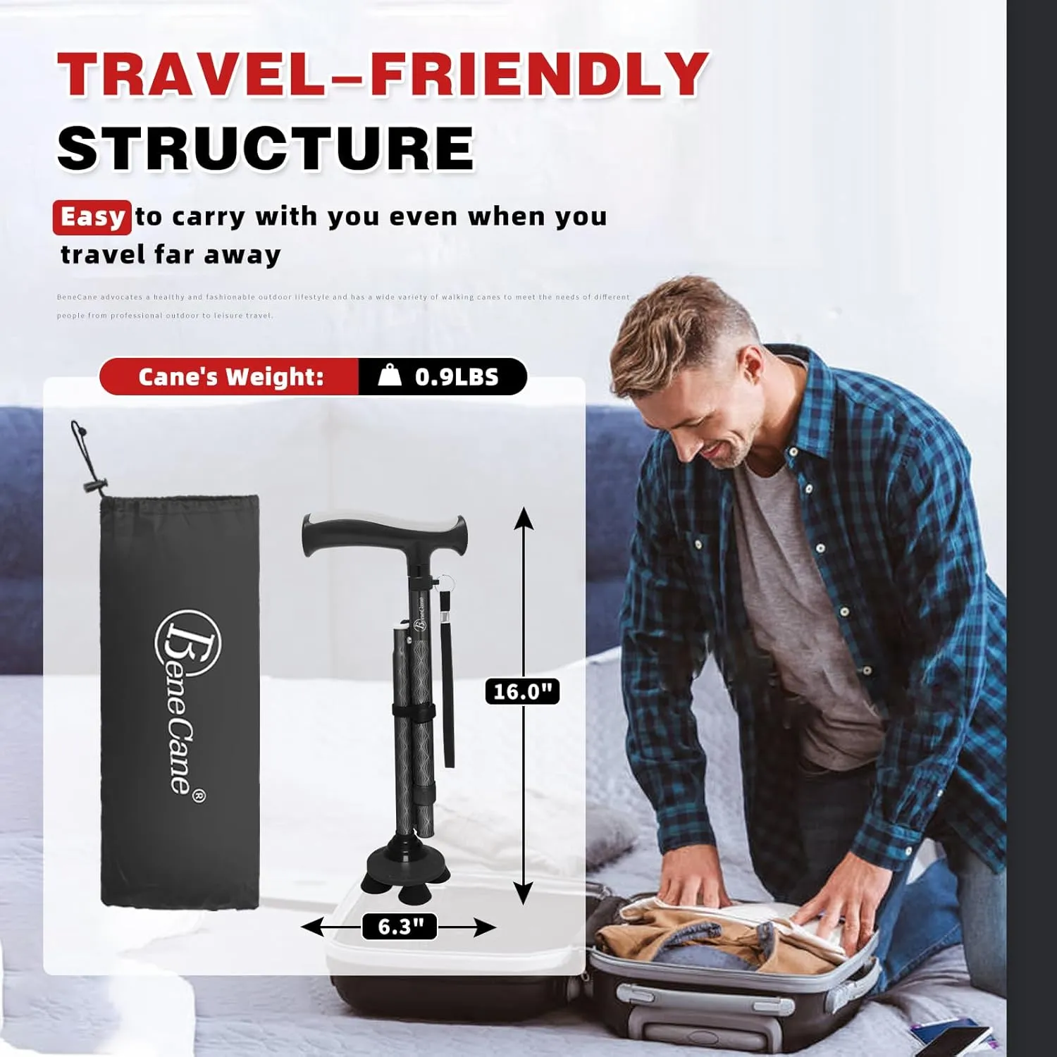BeneCane Walking Cane for Men & Women Walking Stick for Seniors Folding Canes Quad Cane Adjustable Lightweight Sturdy Collapsible Heavy Duty with Soft TPR T-Handle and Travel Bag