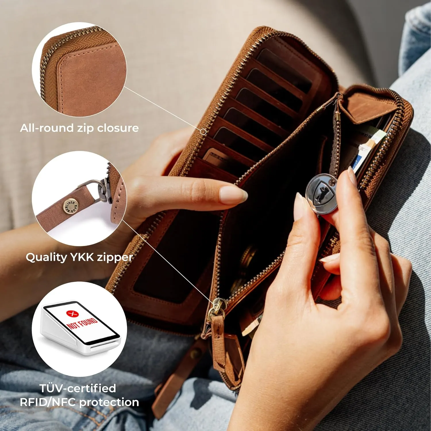BERLINER BAGS Vintage Genuine Leather Wallet Margo, RFID Blocking Credit Card Holder, Slim Womens Wallet, Zip Around Wallet for 13 Cards and ID window, Bills, Coins - Brown