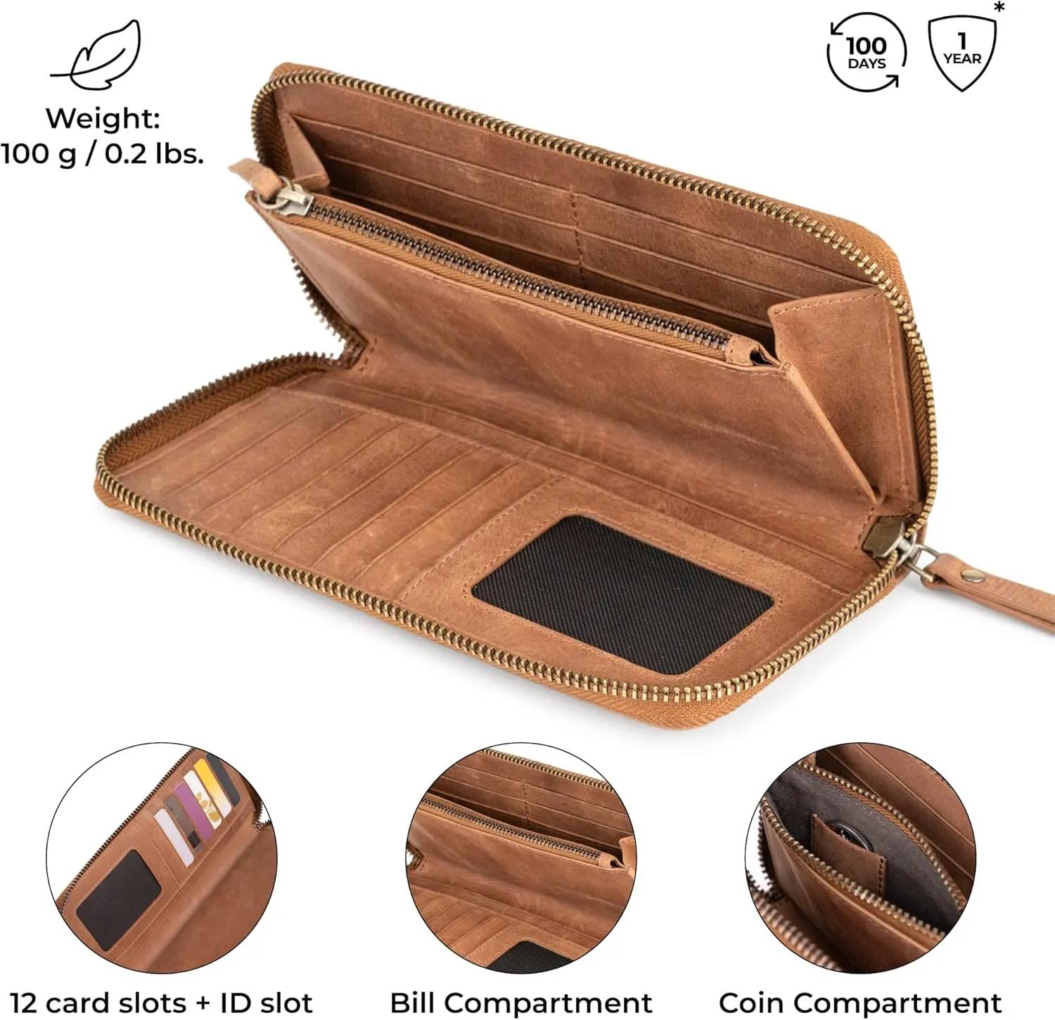 BERLINER BAGS Vintage Genuine Leather Wallet Margo, RFID Blocking Credit Card Holder, Slim Womens Wallet, Zip Around Wallet for 13 Cards and ID window, Bills, Coins - Brown