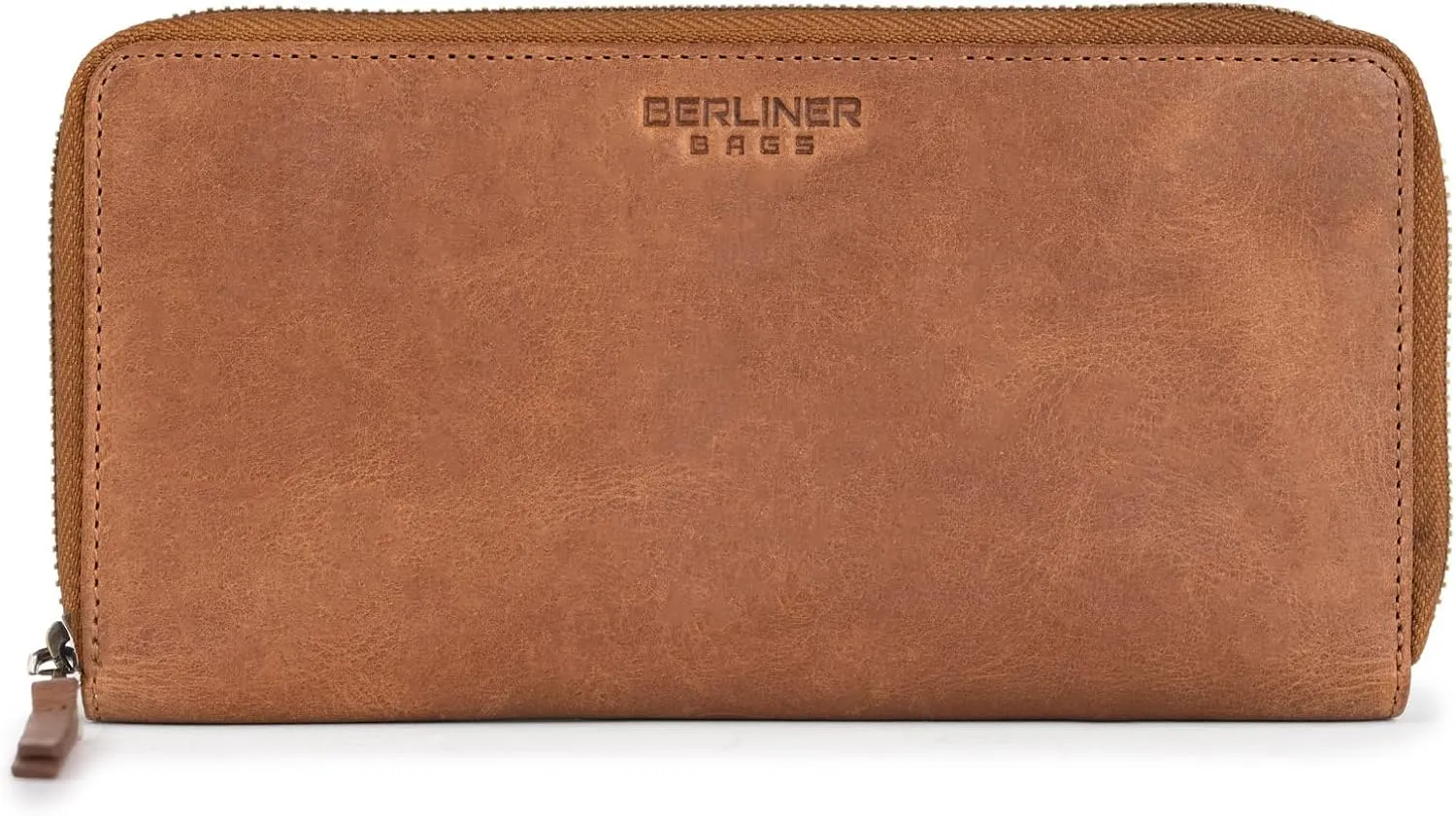 BERLINER BAGS Vintage Genuine Leather Wallet Margo, RFID Blocking Credit Card Holder, Slim Womens Wallet, Zip Around Wallet for 13 Cards and ID window, Bills, Coins - Brown