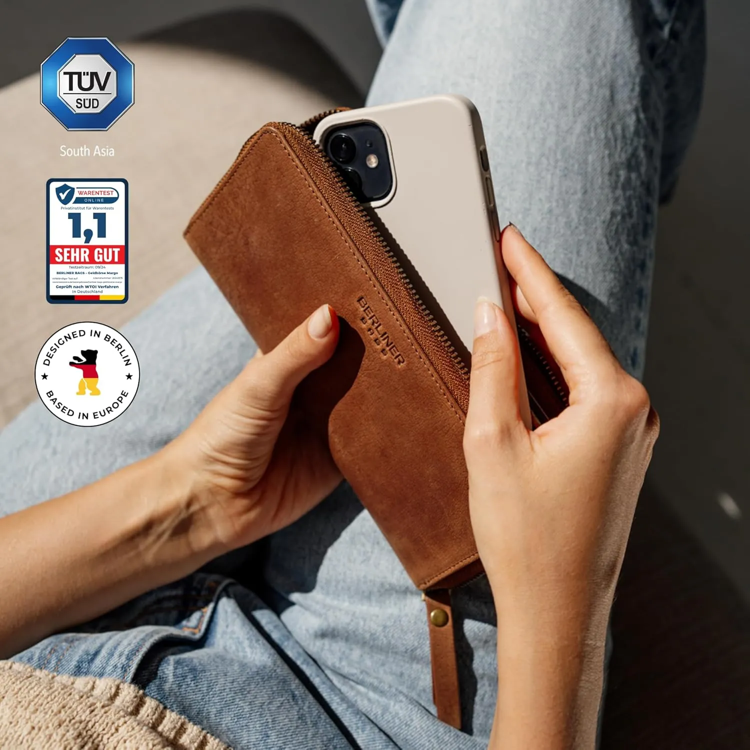 BERLINER BAGS Vintage Genuine Leather Wallet Margo, RFID Blocking Credit Card Holder, Slim Womens Wallet, Zip Around Wallet for 13 Cards and ID window, Bills, Coins - Brown