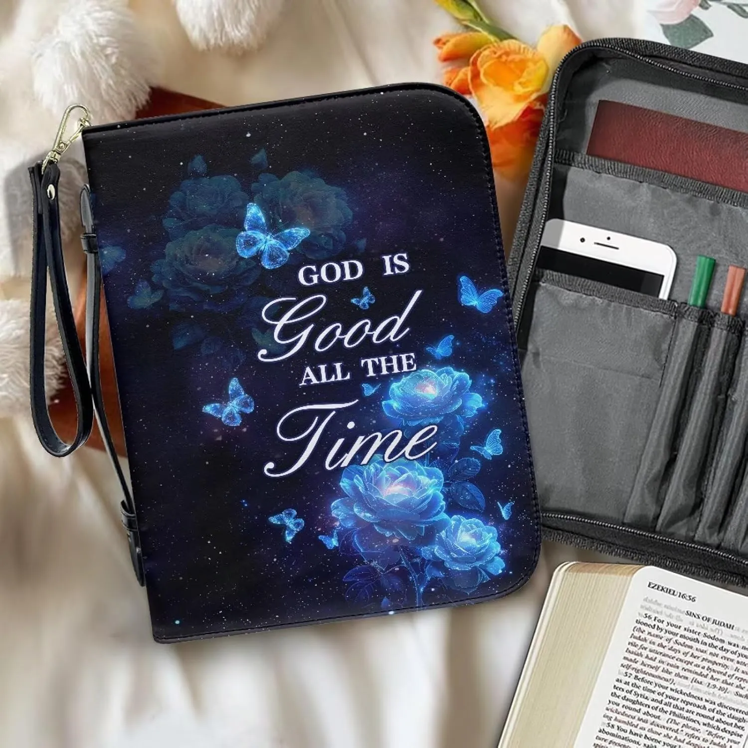 Bible Cover for Women Leather Bible Case with Black Ribbon Personalized Bible Study Supply Carrying Bag Tote