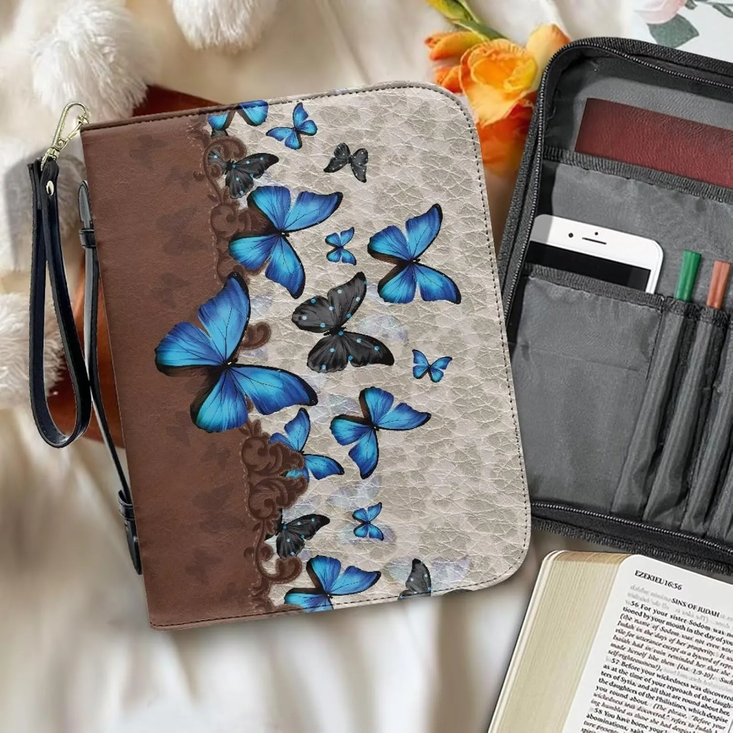 Bible Cover for Women Leather Bible Case with Black Ribbon Personalized Bible Study Supply Carrying Bag Tote