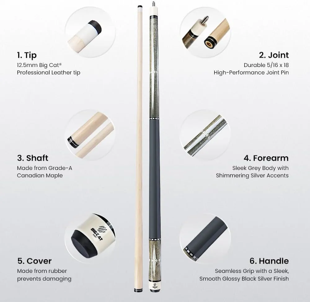 Big Cat Timeless Legacy Pool Cue Stick - Grade A Canadian Maple, 12.5mm Professional Leather Tip, 58” Length, Premium Billiard Cue for Adults – Home or Tournament Play