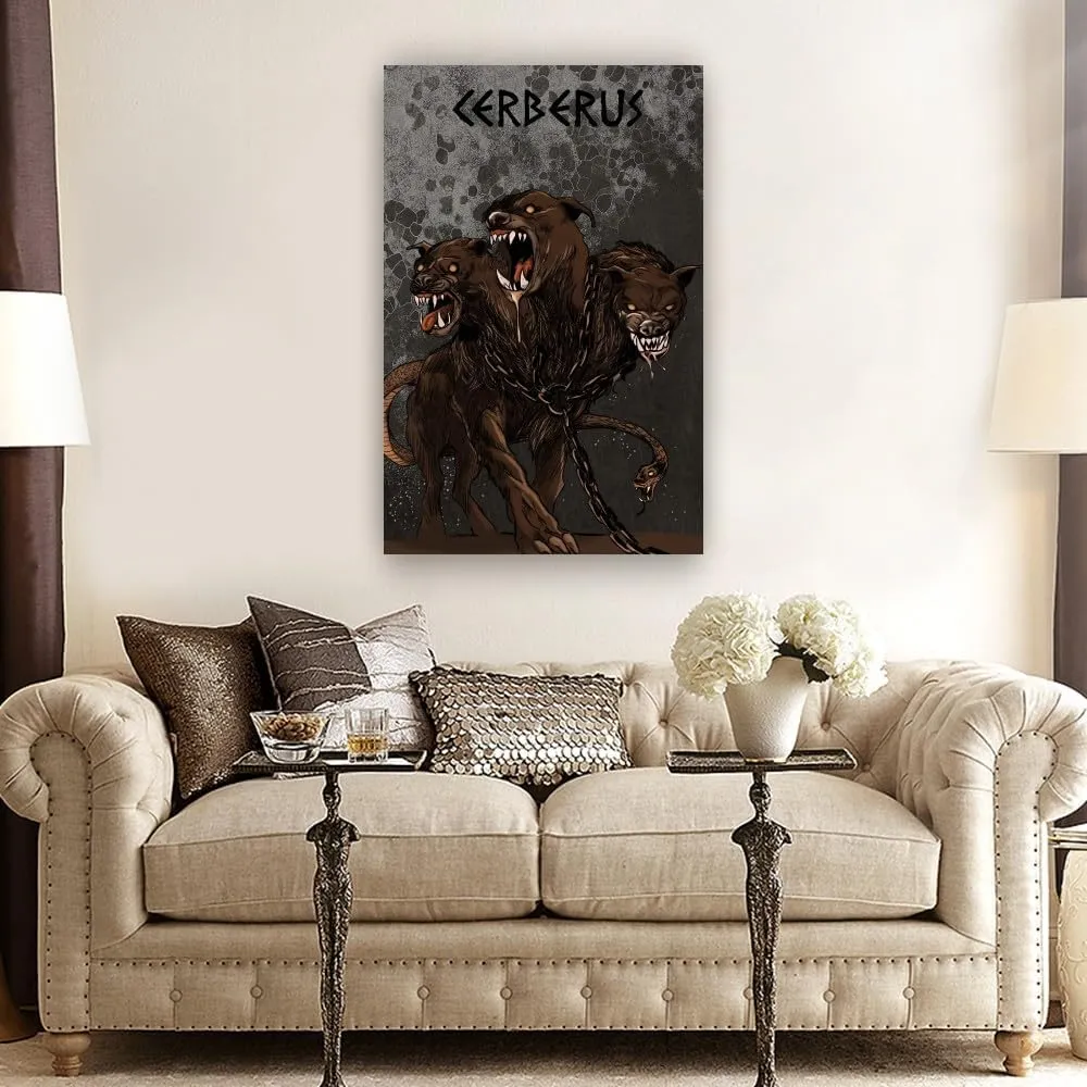 Binyeen Greek Mythology Cerberus Poster Mythical Art Fantasy Creatures Poster Decoration Vertical Canvas Painting Panel Prints for Kitchen Walls (12.00''x18.00'',Framed)