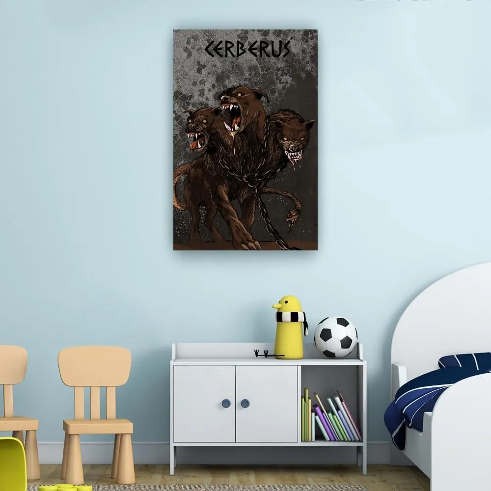 Binyeen Greek Mythology Cerberus Poster Mythical Art Fantasy Creatures Poster Decoration Vertical Canvas Painting Panel Prints for Kitchen Walls (12.00''x18.00'',Framed)