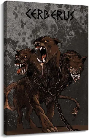 Binyeen Greek Mythology Cerberus Poster Mythical Art Fantasy Creatures Poster Decoration Vertical Canvas Painting Panel Prints for Kitchen Walls (12.00''x18.00'',Framed)