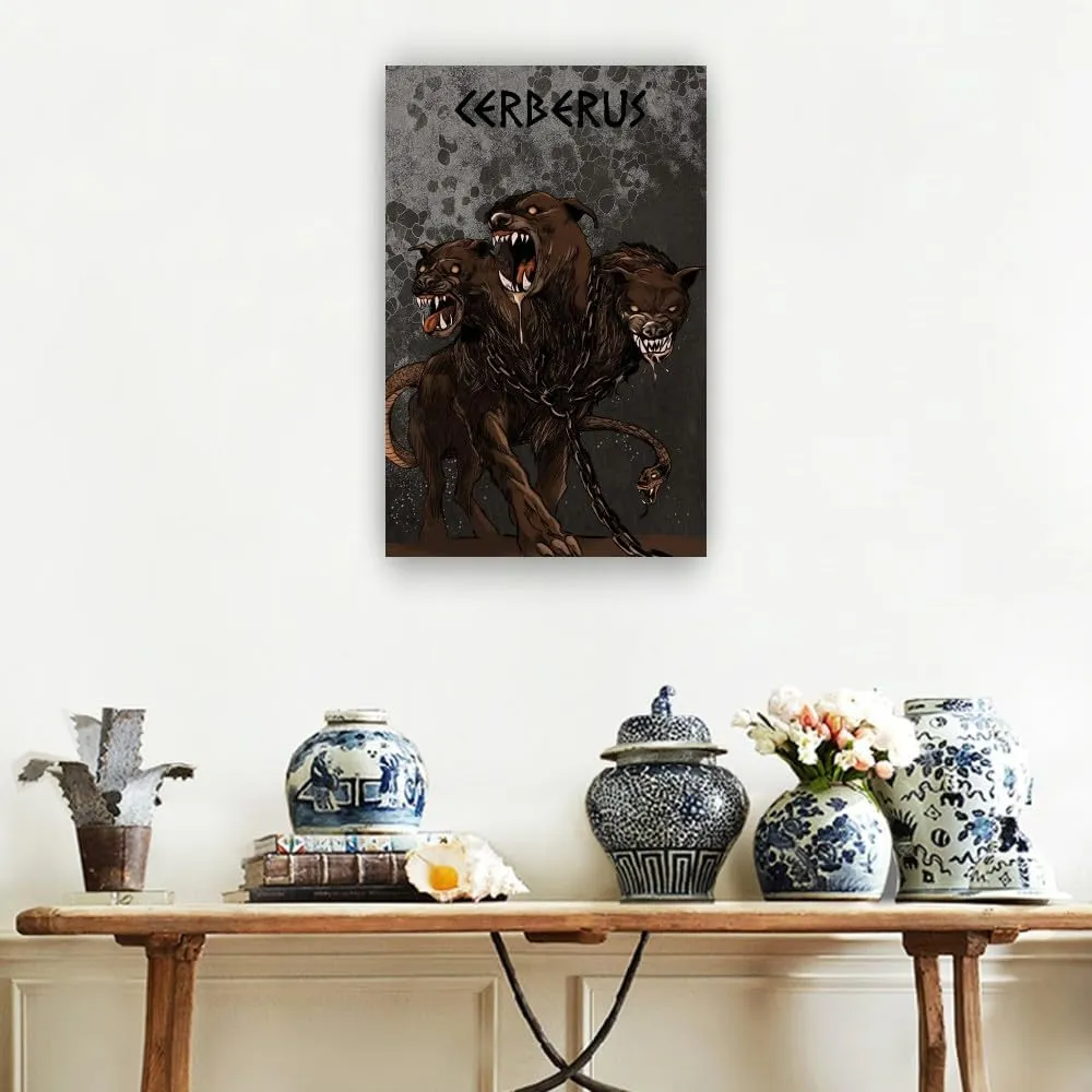 Binyeen Greek Mythology Cerberus Poster Mythical Art Fantasy Creatures Poster Decoration Vertical Canvas Painting Panel Prints for Kitchen Walls (12.00''x18.00'',Framed)