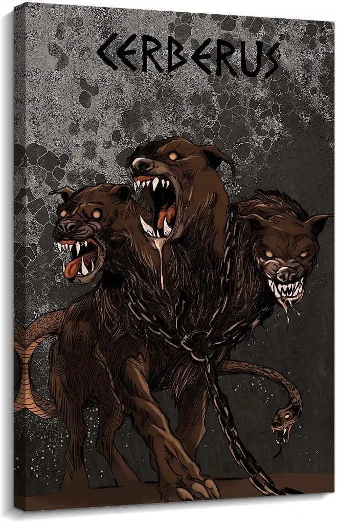 Binyeen Greek Mythology Cerberus Poster Mythical Art Fantasy Creatures Poster Decoration Vertical Canvas Painting Panel Prints for Kitchen Walls (12.00''x18.00'',Framed)