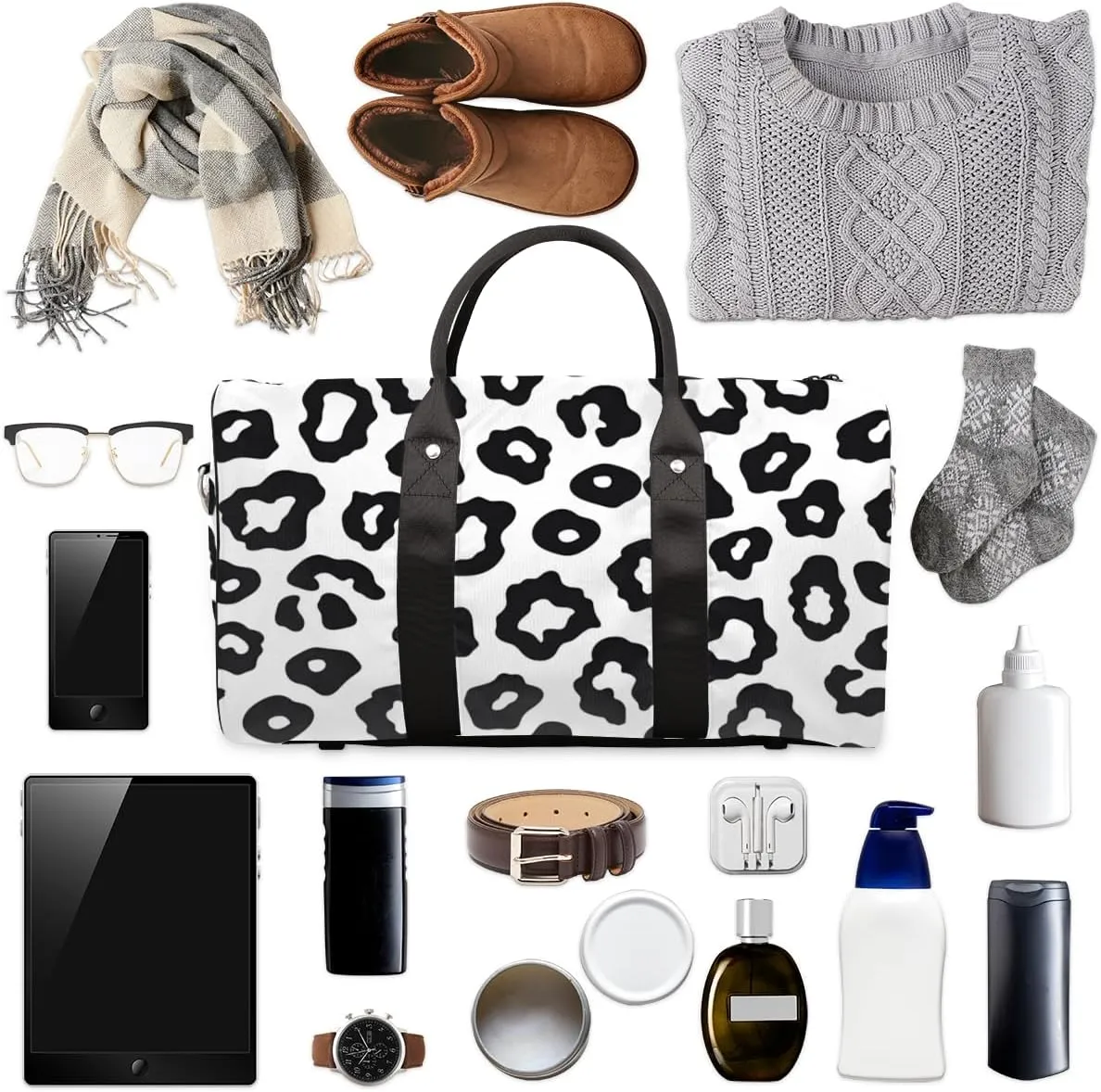 Black Leopard Travel Duffle Bag for Women Men Gym Duffel Foldable Bag Waterproof Weekender Cheetah Print Duffle Tote