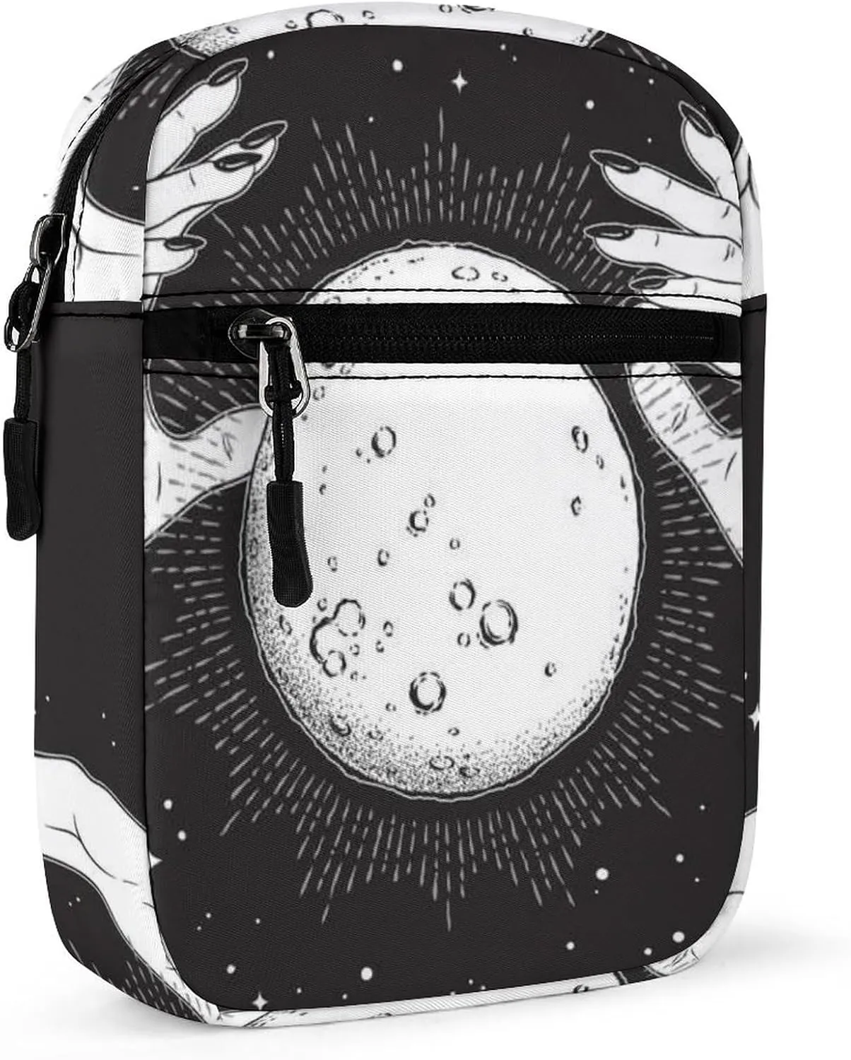 Black White Full Moon with Rays in the Hands of Fortune Teller Adjustable Fanny Waist Pack Pouch, Waterproof Crossbody Runners Bag Wallet for Gym Hiking Fitness Women Men 6.1 x 2.2 x 7.9 inch