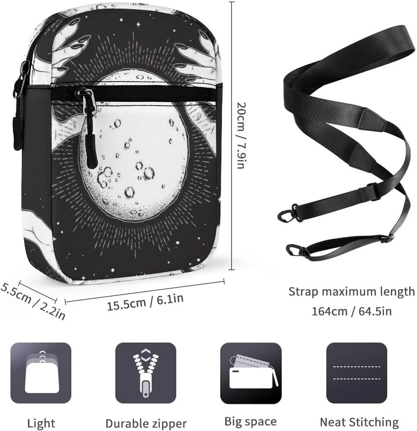 Black White Full Moon with Rays in the Hands of Fortune Teller Adjustable Fanny Waist Pack Pouch, Waterproof Crossbody Runners Bag Wallet for Gym Hiking Fitness Women Men 6.1 x 2.2 x 7.9 inch