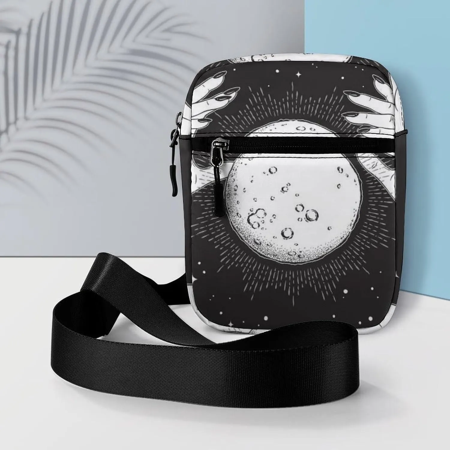 Black White Full Moon with Rays in the Hands of Fortune Teller Adjustable Fanny Waist Pack Pouch, Waterproof Crossbody Runners Bag Wallet for Gym Hiking Fitness Women Men 6.1 x 2.2 x 7.9 inch