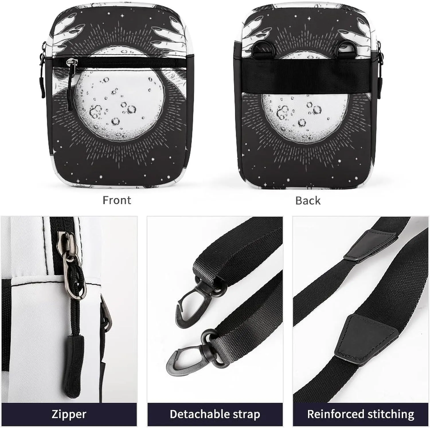 Black White Full Moon with Rays in the Hands of Fortune Teller Adjustable Fanny Waist Pack Pouch, Waterproof Crossbody Runners Bag Wallet for Gym Hiking Fitness Women Men 6.1 x 2.2 x 7.9 inch
