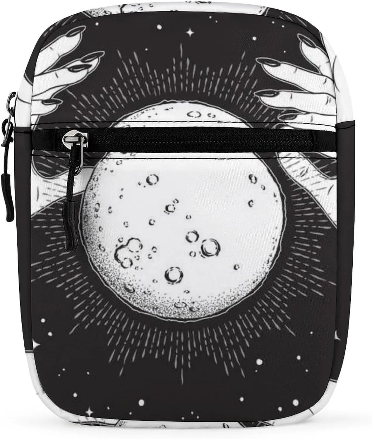 Black White Full Moon with Rays in the Hands of Fortune Teller Adjustable Fanny Waist Pack Pouch, Waterproof Crossbody Runners Bag Wallet for Gym Hiking Fitness Women Men 6.1 x 2.2 x 7.9 inch