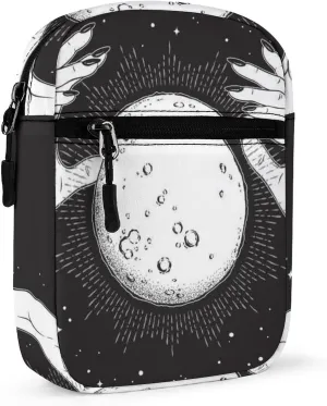 Black White Full Moon with Rays in the Hands of Fortune Teller Adjustable Fanny Waist Pack Pouch, Waterproof Crossbody Runners Bag Wallet for Gym Hiking Fitness Women Men 6.1 x 2.2 x 7.9 inch
