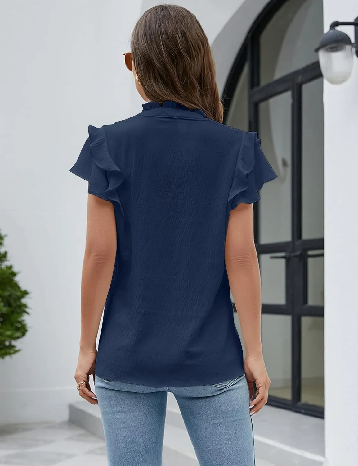 Blooming Jelly Womens Dressy Casual Tops Ruffle Short Sleeve V Neck Shirts Elegant Business Work Blouse