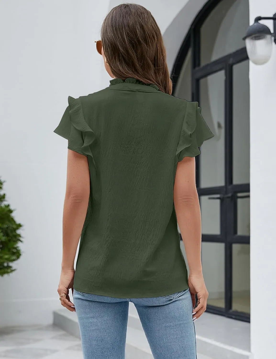 Blooming Jelly Womens Dressy Casual Tops Ruffle Short Sleeve V Neck Shirts Elegant Business Work Blouse
