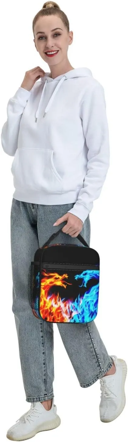 Blue And Red Fire Dragon Reusable Lunch Box Insulation Lunch Bag Containers Tote Handbag Ice Packs For Women Men Teens Girls