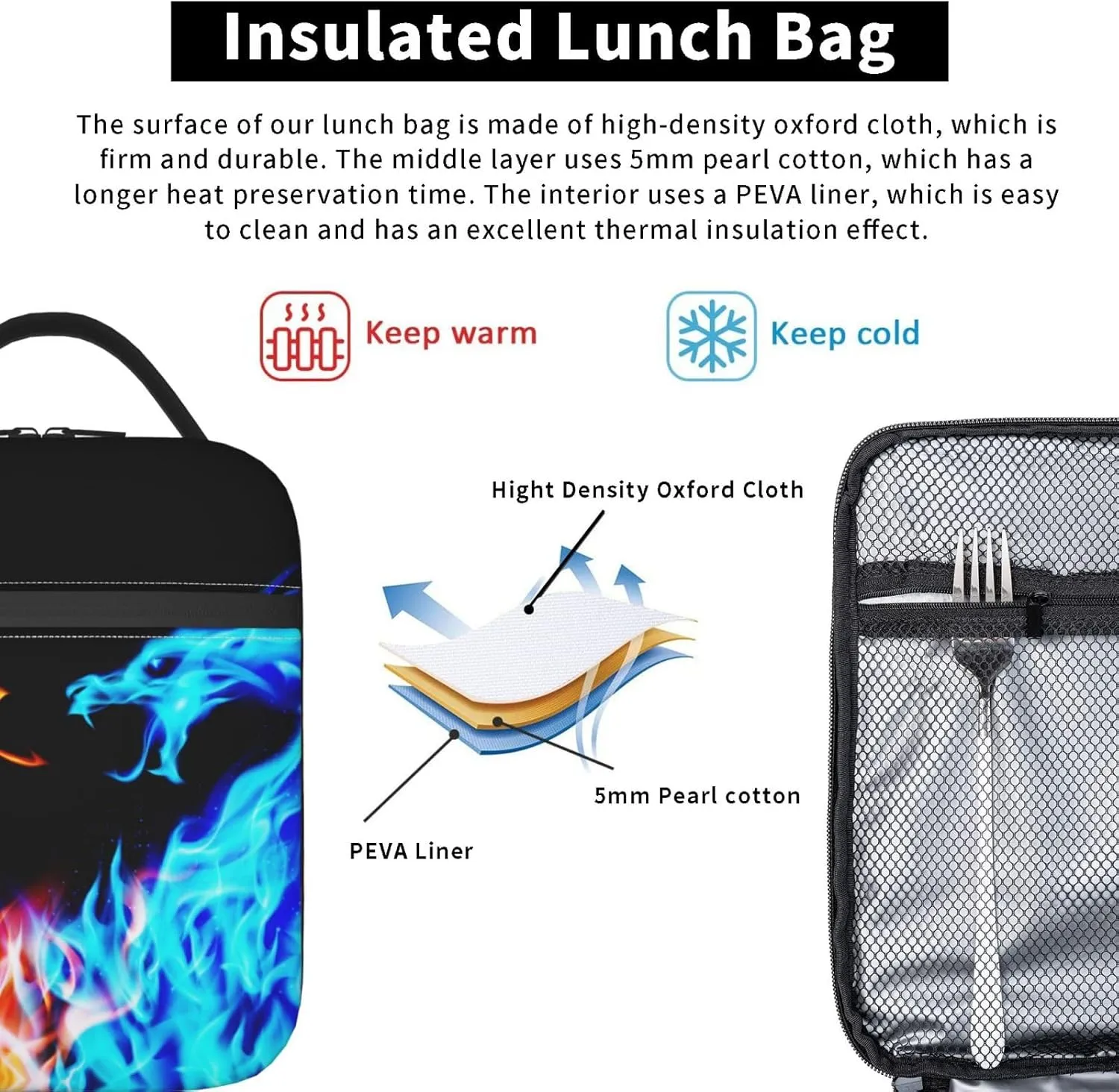 Blue And Red Fire Dragon Reusable Lunch Box Insulation Lunch Bag Containers Tote Handbag Ice Packs For Women Men Teens Girls