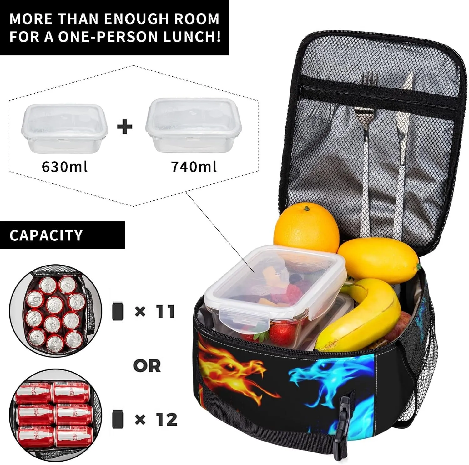 Blue And Red Fire Dragon Reusable Lunch Box Insulation Lunch Bag Containers Tote Handbag Ice Packs For Women Men Teens Girls