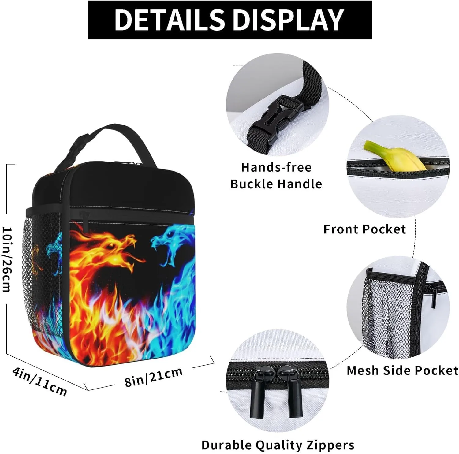 Blue And Red Fire Dragon Reusable Lunch Box Insulation Lunch Bag Containers Tote Handbag Ice Packs For Women Men Teens Girls