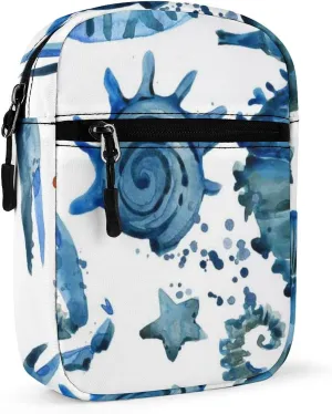 Blue Crab Sea Horse Coral Reef Seashell Marine Sea Life Adjustable Fanny Waist Pack Pouch, Waterproof Crossbody Runners Bag Wallet for Gym Hiking Fitness Women Men 6.1 x 2.2 x 7.9 inch