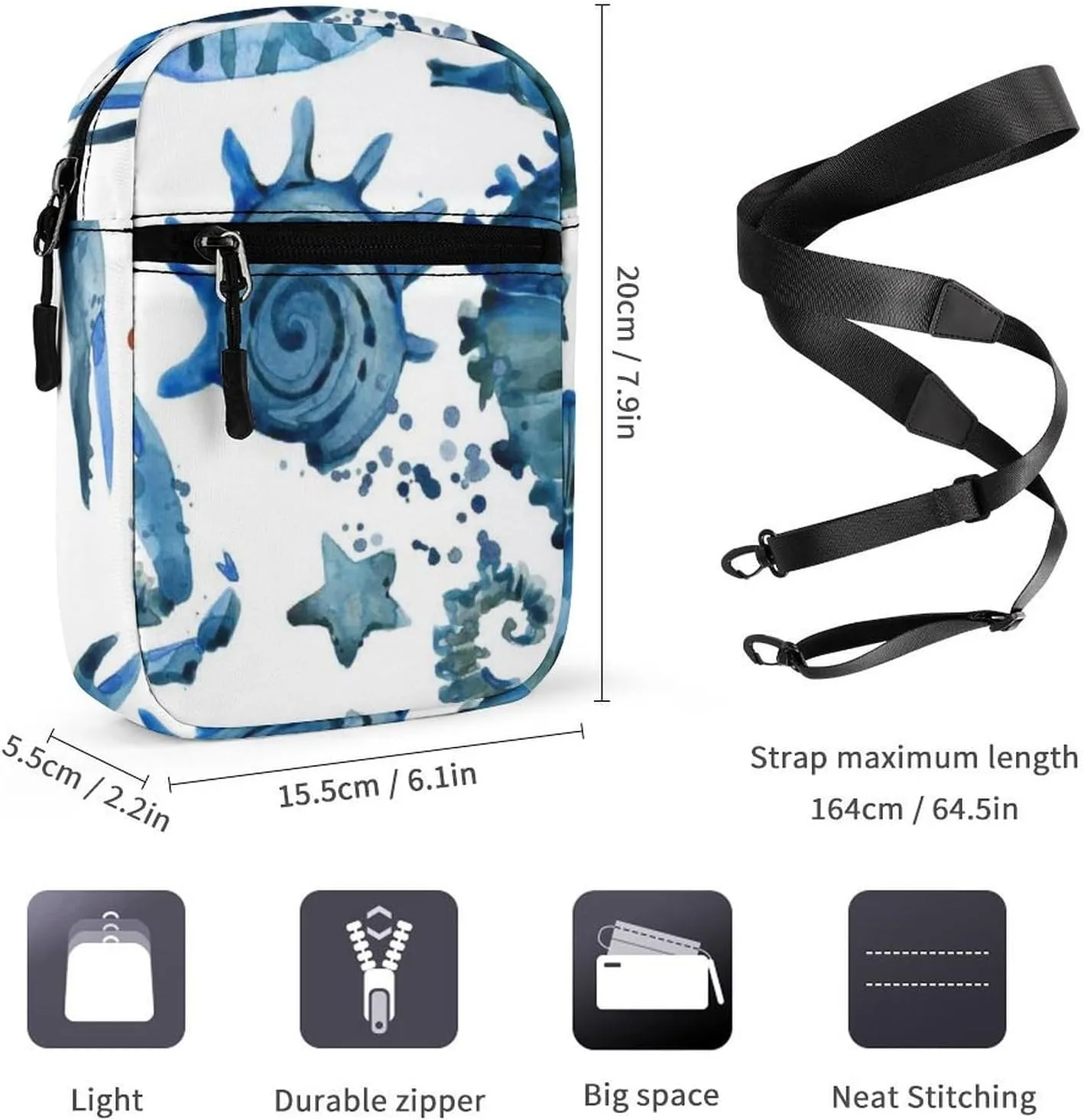 Blue Crab Sea Horse Coral Reef Seashell Marine Sea Life Adjustable Fanny Waist Pack Pouch, Waterproof Crossbody Runners Bag Wallet for Gym Hiking Fitness Women Men 6.1 x 2.2 x 7.9 inch