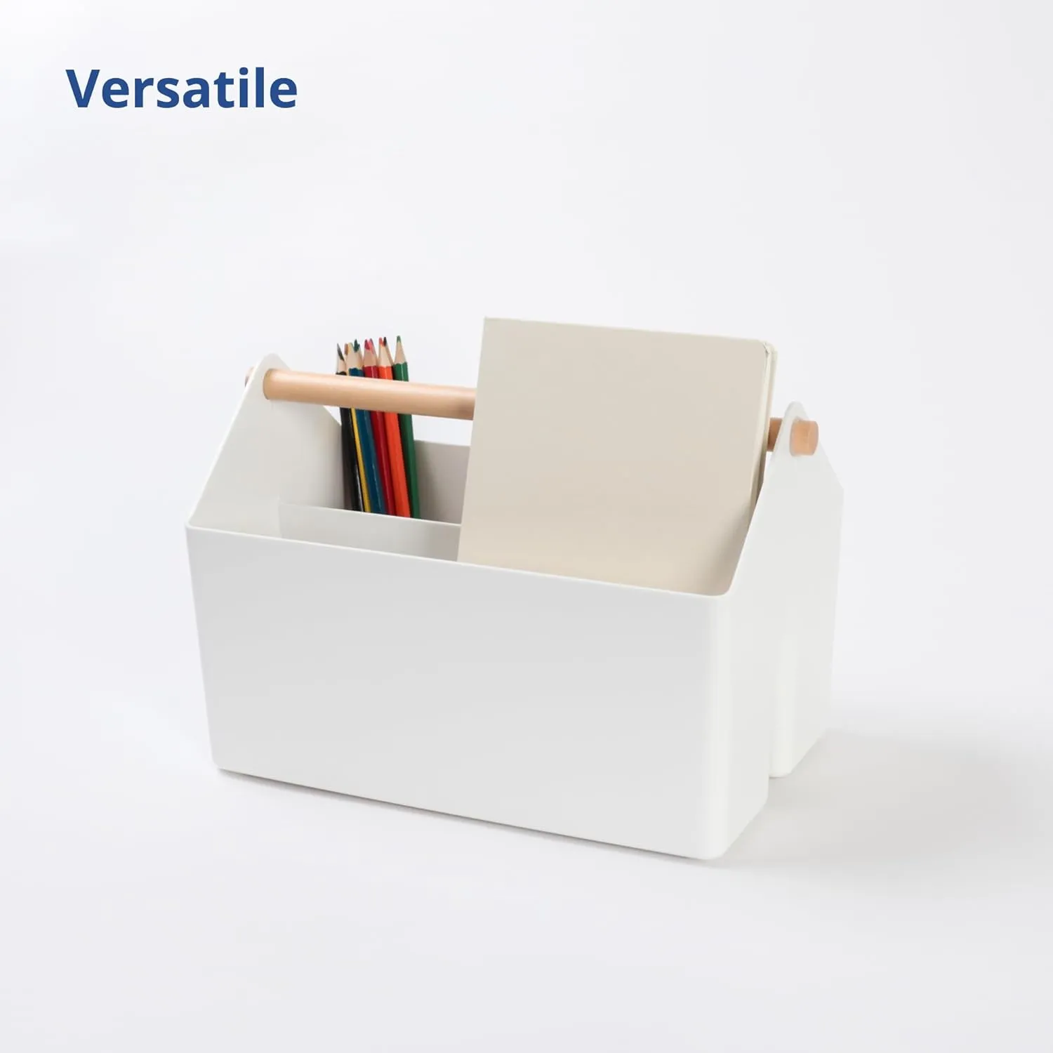 BLUE GINKGO Medium Storage Basket – Plastic Caddy with Wooden Handle for Office, Arts & Crafts, or Home Supplies (White)