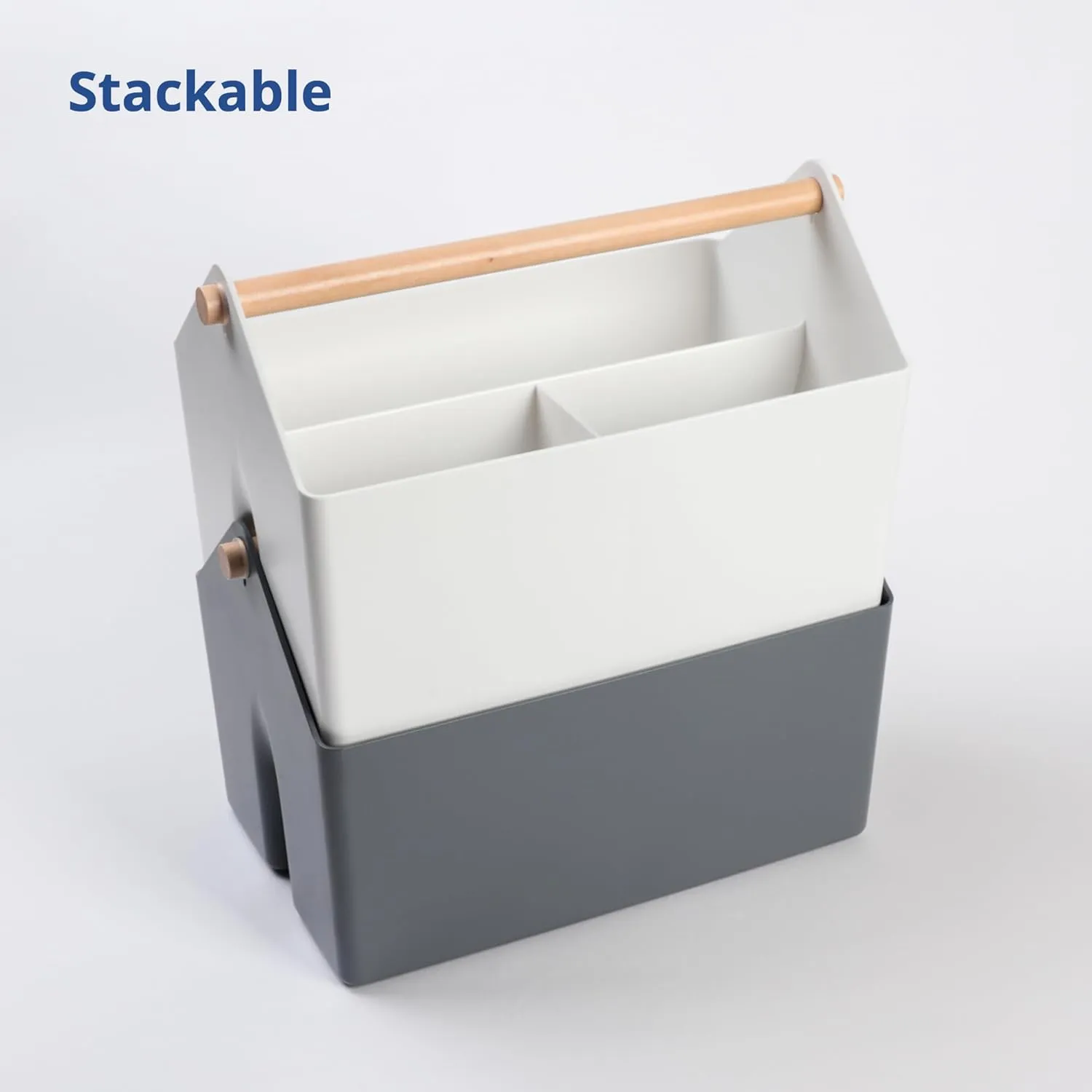 BLUE GINKGO Medium Storage Basket – Plastic Caddy with Wooden Handle for Office, Arts & Crafts, or Home Supplies (White)