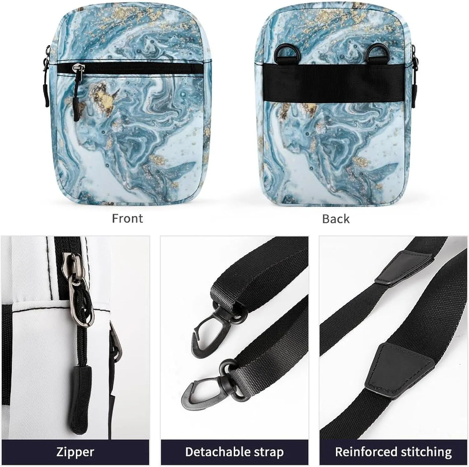 Blue Gold Marble Abstract Golden Sequins Liquid Ink Paint Adjustable Fanny Waist Pack Pouch, Waterproof Crossbody Runners Bag Wallet for Gym Hiking Fitness Women Men 6.1 x 2.2 x 7.9 inch