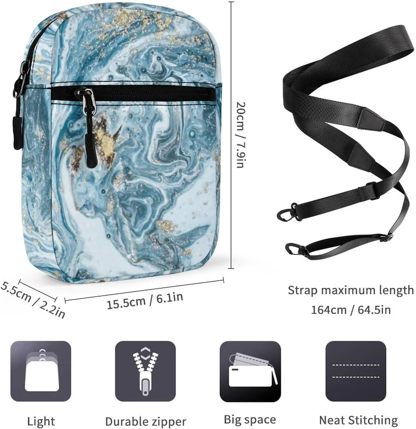 Blue Gold Marble Abstract Golden Sequins Liquid Ink Paint Adjustable Fanny Waist Pack Pouch, Waterproof Crossbody Runners Bag Wallet for Gym Hiking Fitness Women Men 6.1 x 2.2 x 7.9 inch
