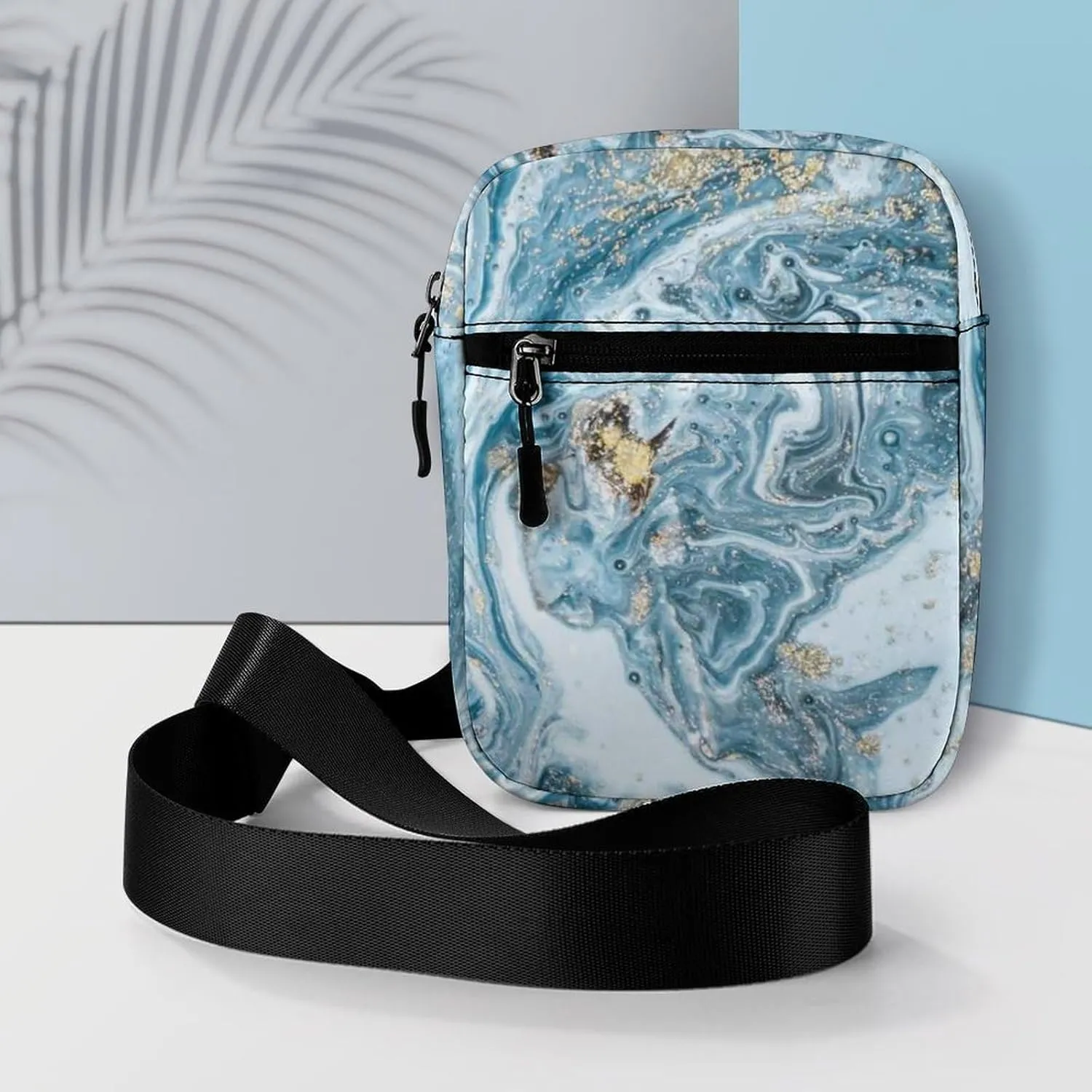 Blue Gold Marble Abstract Golden Sequins Liquid Ink Paint Adjustable Fanny Waist Pack Pouch, Waterproof Crossbody Runners Bag Wallet for Gym Hiking Fitness Women Men 6.1 x 2.2 x 7.9 inch