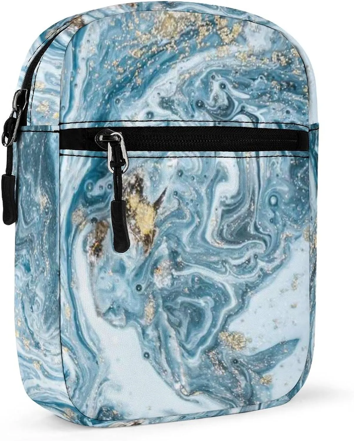 Blue Gold Marble Abstract Golden Sequins Liquid Ink Paint Adjustable Fanny Waist Pack Pouch, Waterproof Crossbody Runners Bag Wallet for Gym Hiking Fitness Women Men 6.1 x 2.2 x 7.9 inch