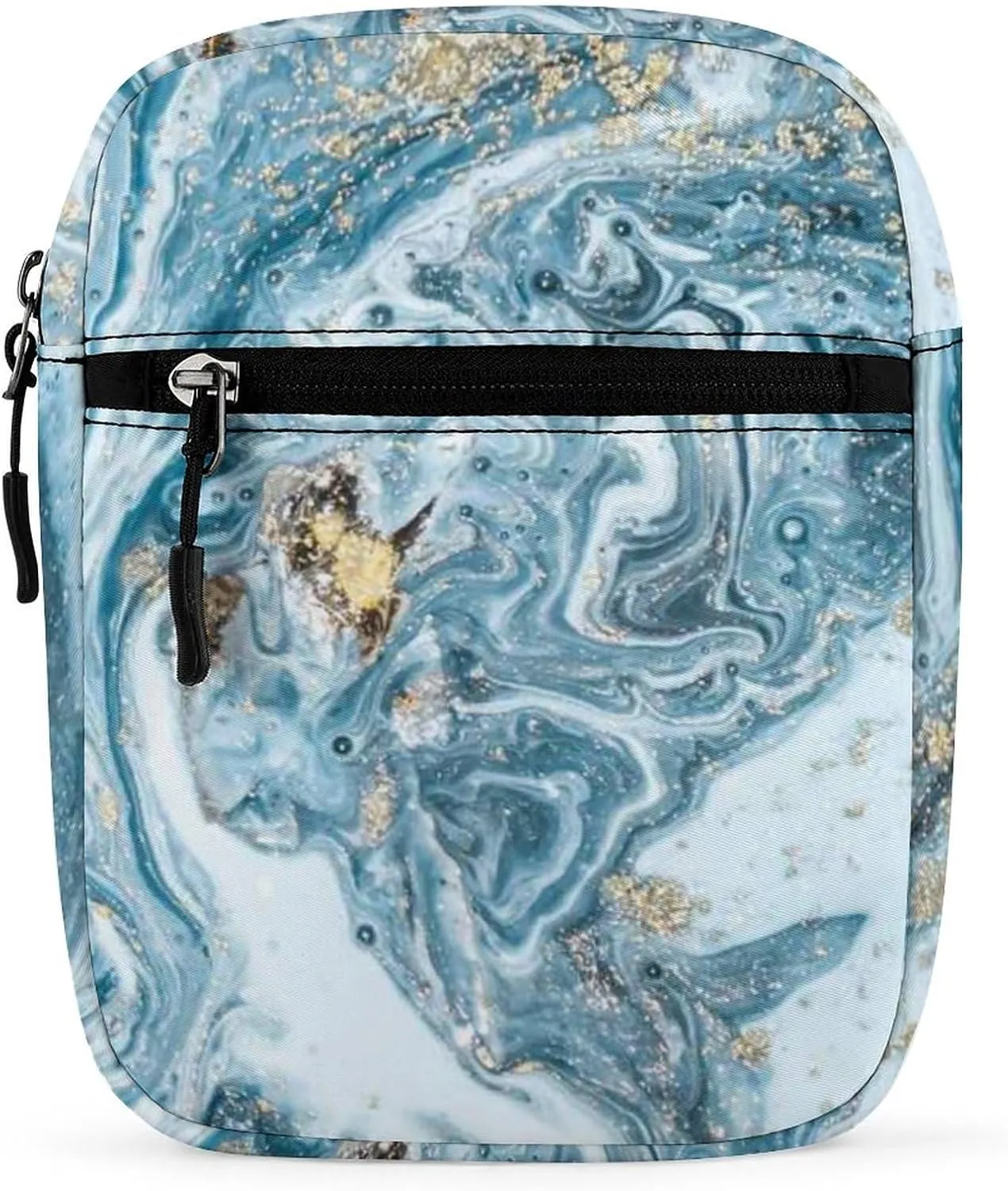 Blue Gold Marble Abstract Golden Sequins Liquid Ink Paint Adjustable Fanny Waist Pack Pouch, Waterproof Crossbody Runners Bag Wallet for Gym Hiking Fitness Women Men 6.1 x 2.2 x 7.9 inch