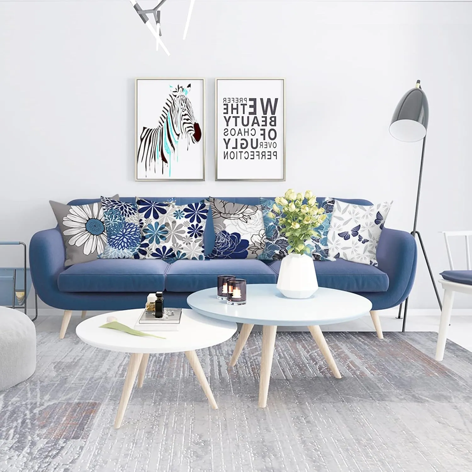 Blue Grey Pillow Covers 20x20 Set of 6 Decorative Daisy Flower Throw Pillow Cover for Couch Modern Farmhouse Cushion Cover for Living Room Bed Patio Home Decor